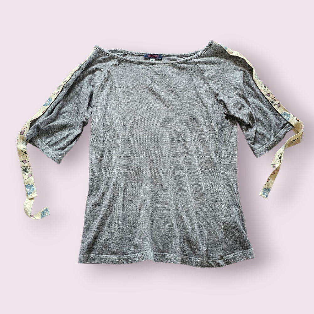 Kenzo Y2K Gray Cotton Rayon Floral Ribbon Accents Top Sz M